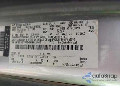 2016 Ford Transit Xlt z USA, uszkodzony, nr VIN 1FBZX2YM5GKB12446